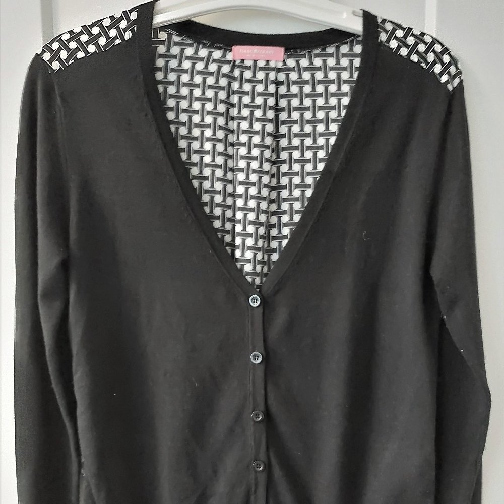 ISAAC MIZRAHI Women's Black Cardigan w/B & W Graphic Back/Shoulders - Medium
